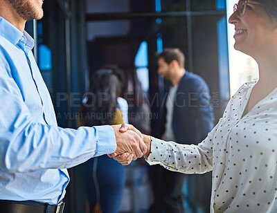 Buy stock photo Handshake, business people in meeting and partnership, trust in team and onboarding or hiring. Professional agreement, deal and collaboration with man and woman shaking hands, teamwork and thank you