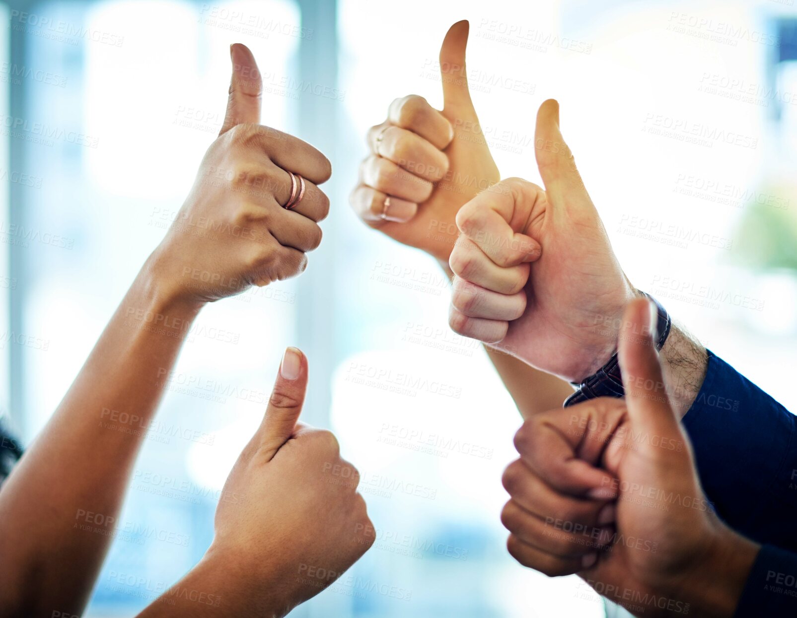 Buy stock photo Cropped shot of a group of  unrecognizable businesspeople showing thumbs up in a modern office