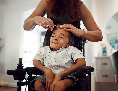 Buy stock photo Haircut, child with cerebral palsy and hairdresser visit with a smile in inclusive salon. Happy kid with a disability getting a trim from a beauty therapist and professional feeling happiness