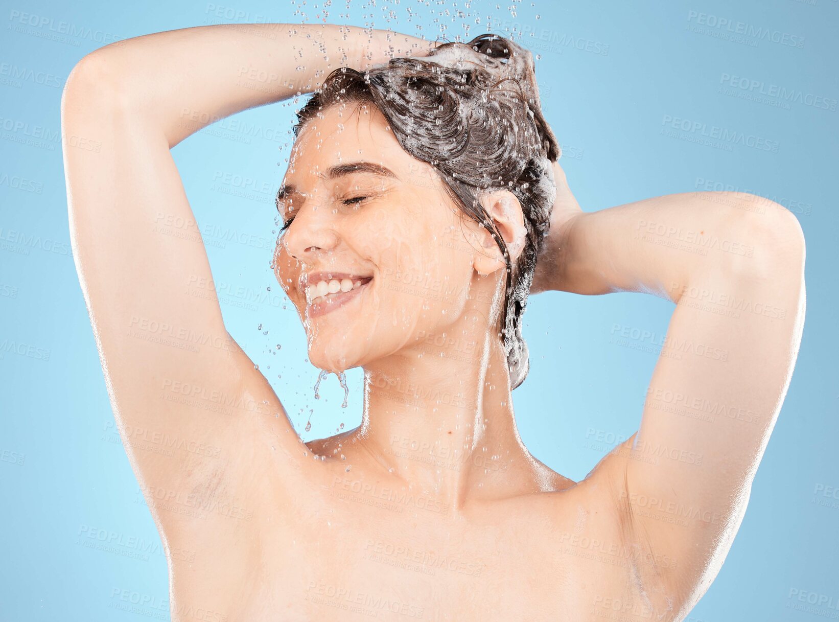 Buy stock photo Shower, woman and hygiene with water relax from cleaning, shampoo and hair beauty. Healthy wellness, water drops and body care of a model clean from morning skincare and dermatology with a smile