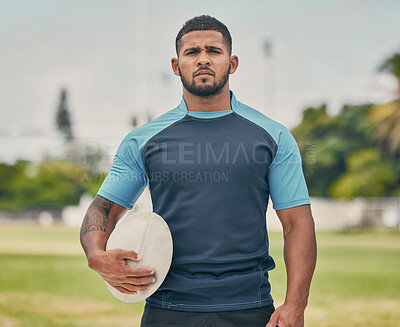 Buy stock photo Rugby, ball and portrait of tough man on field with serious expression, confidence and pride in winning game. Fitness, sports and player ready for match, workout or competition on grass at stadium.