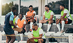 Rugby team, people and coaching strategy, checklist and game event, formation or match planning at stadium. Happy diversity group, sports men and training manager for goals, discussion and mission
