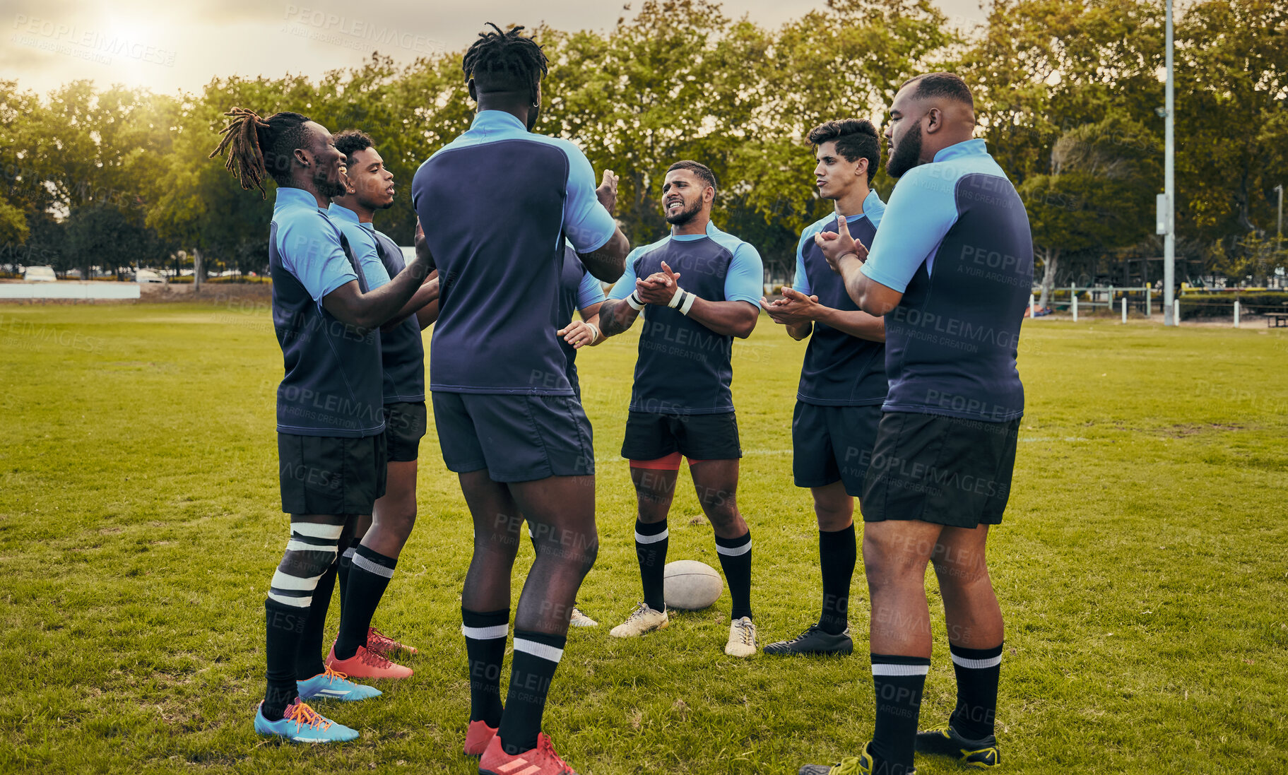Buy stock photo Diversity, team and men applause in sports for support, motivation or goals on grass field outdoors. Sport group clapping in fitness, teamwork or success for winning match or game victory