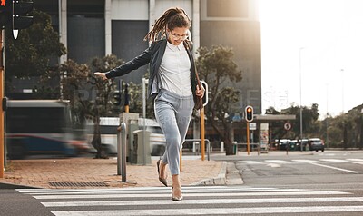 Buy stock photo City, walking and business woman on a crosswalk with travel, commute and urban journey. Running, outdoor and female professional in morning traveling for work, career and job in New York on street