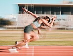 Action, race and women athlete running a sprint in competition or fitness game training as energy wellness on track. Sports, stadium and athletic person or runner exercise, speed and workout