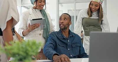 Buy stock photo Teamwork, laptop and group of employees with a man in discussion on project management with team leader. Learning, planning and brainstorming while training business staff in an office with a pc