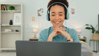 Buy stock photo Video call, remote work or happy woman in headphones listening or talking online in home office. Laptop, communication or connection for webinar, advice and networking for freelance advisory job