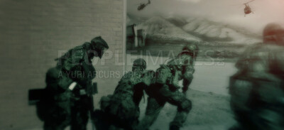 Buy stock photo Night vision, soldier group and mission with team, secret service and government workers outdoor. Military, surveillance and spy with teamwork, security and army target with agent people together