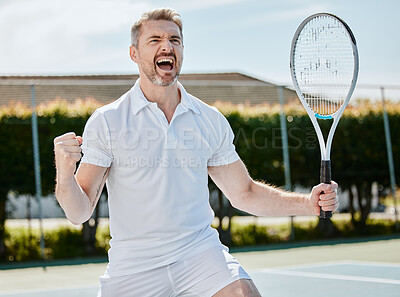 Buy stock photo Winning, cheers and senior man with tennis win, celebration and happy with fitness and athlete on outdoor court. Fist pump, sports achievement and winner of competition or match, exercise and success