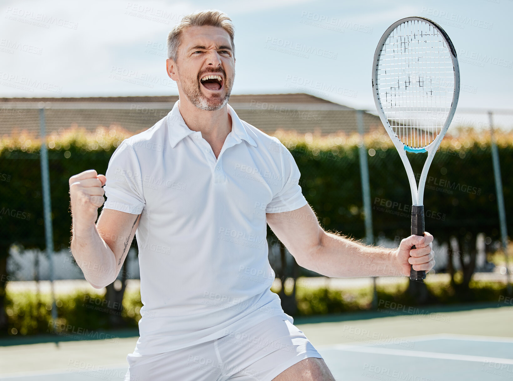 Buy stock photo Winning, cheers and senior man with tennis win, celebration and happy with fitness and athlete on outdoor court. Fist pump, sports achievement and winner of competition or match, exercise and success