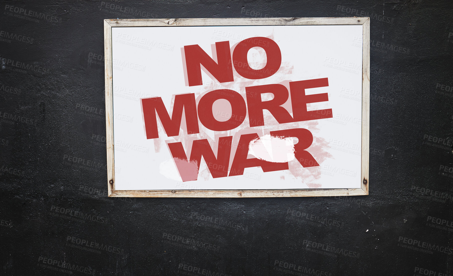 Buy stock photo Poster, no war sign or board on background for opinion, vote or voice for freedom, human rights or justice. Billboard, placard or banner for peace message to stop violence, military conflict or fight