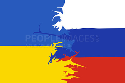 Buy stock photo Conflict, Ukraine and Russia flag with crack, politics and battle for security, warzone and freedom. Europe, government and war with sign, illustration and chaos in apocalypse, human rights or safety