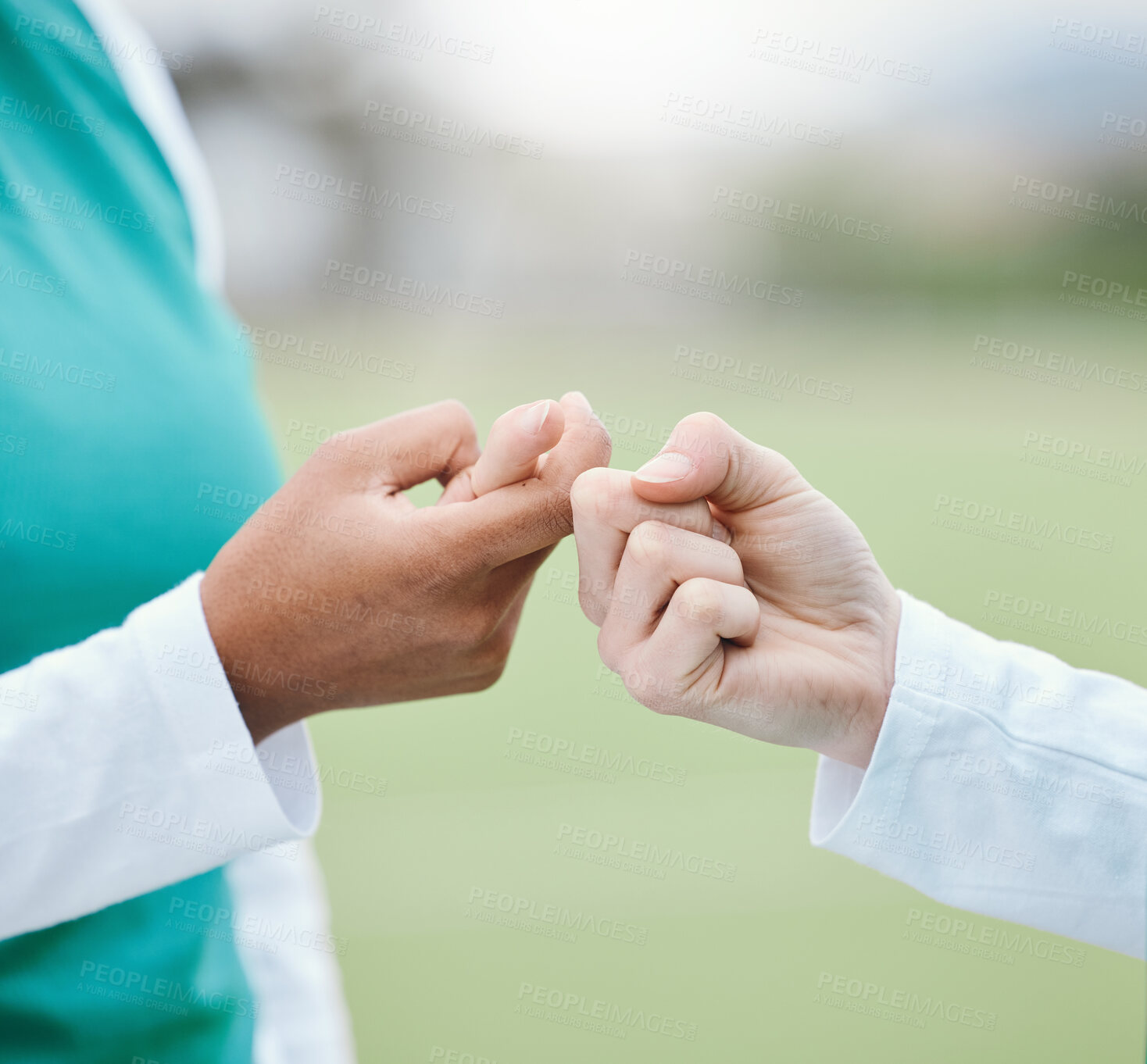 Buy stock photo Hands, teamwork and unity with sports people closeup on a field or court for a game of competition. Fitness, deaf and sign language with an athlete team talking at training for planning or strategy