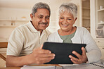 Home, video call and senior couple with a tablet, connection and wave with communication, network and speaking. Internet, happy old man and elderly woman with technology, conversation and greeting