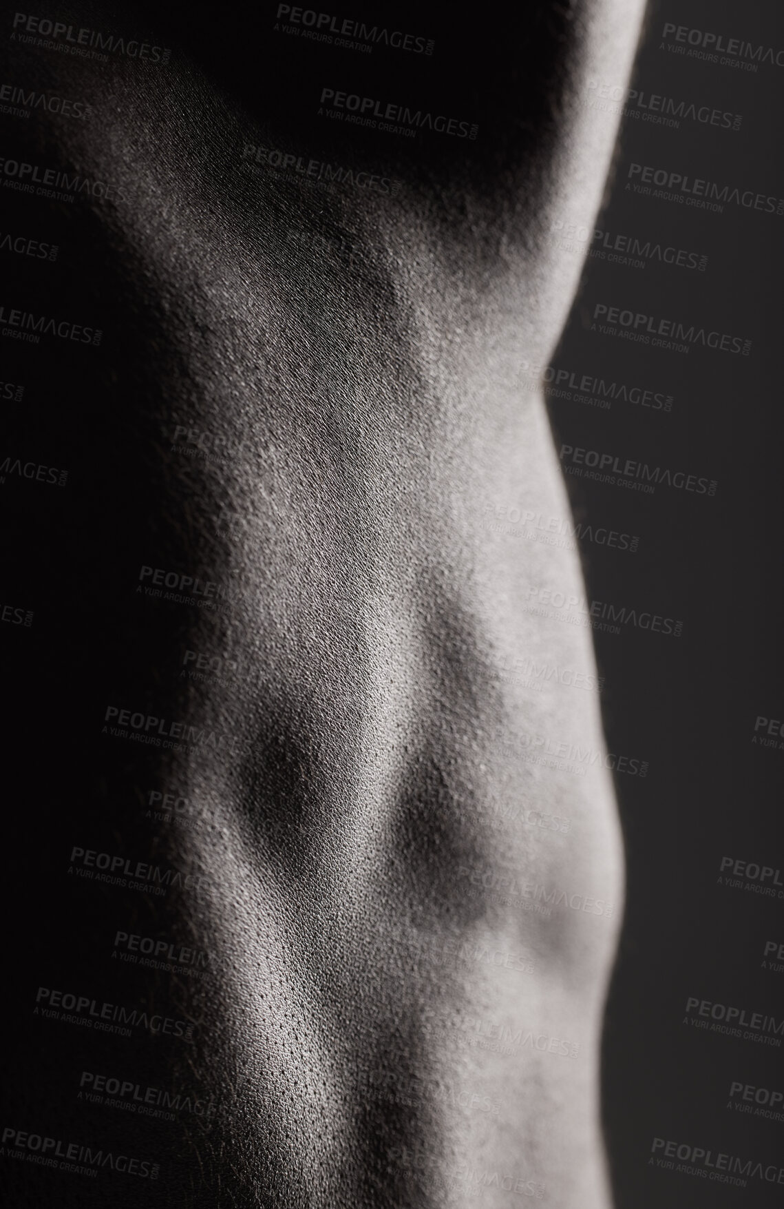 Buy stock photo Fitness, man and torso with closeup in studio for wellness, stomach and body on dark background. Person, muscle or bodybuilder with six pack for healthy lifestyle and strength for abdomen or topless
