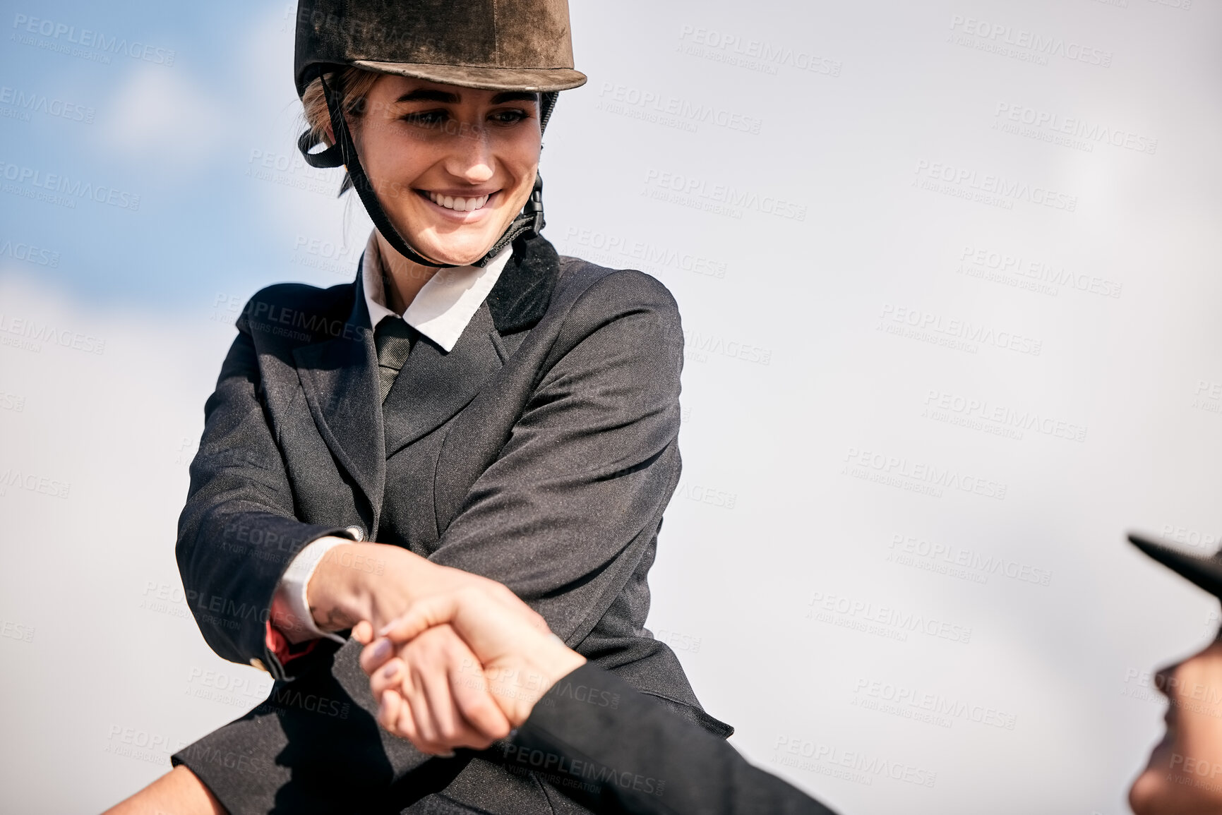 Buy stock photo Handshake, equestrian and woman on horseback with her coach outdoor for training or practice. Smile, thank you or support with a happy young rider and teacher shaking hands for success or motivation