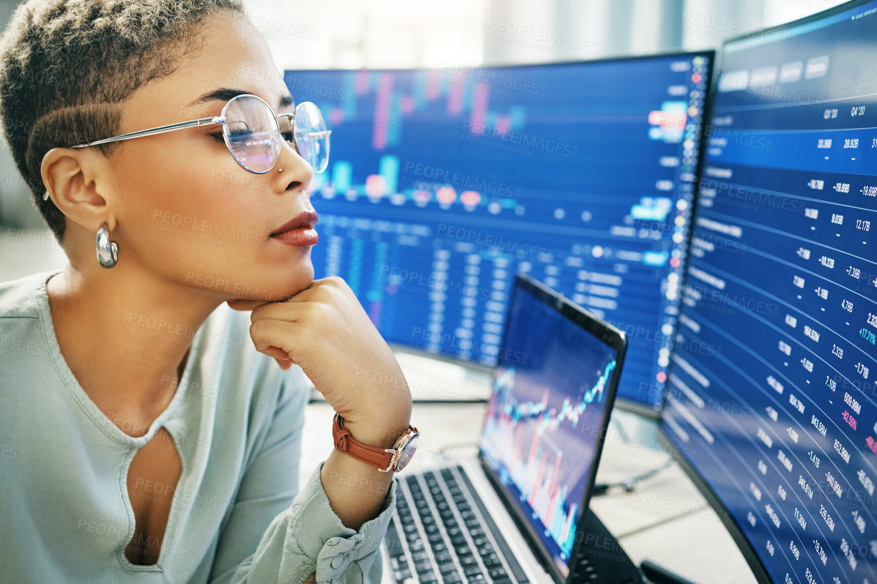 Buy stock photo Woman, thinking at computer screen with trading, dashboard and financial information with investment and trader. Stock market stats, finance and data analysis with cryptocurrency and numbers chart