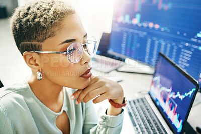 Buy stock photo Woman with glasses, thinking and screen with charts, graphs and stocks for crypto trade. Nft, cyber consultant or broker reading stats on market growth, brainstorming and research ideas on defi data.
