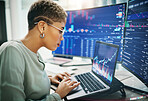 Woman, laptop or computer screen with trading, dashboard and financial information with investment and trader. Stock market stats, finance and data analysis with cryptocurrency and numbers chart