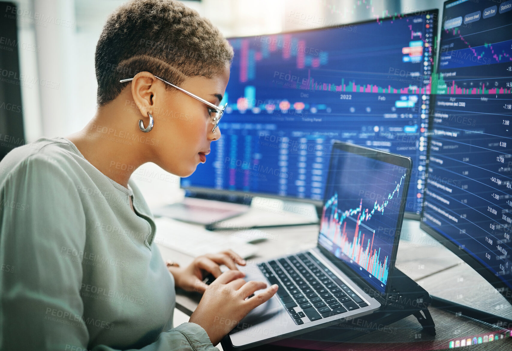 Buy stock photo Woman, laptop or computer screen with trading, dashboard and financial information with investment and trader. Stock market stats, finance and data analysis with cryptocurrency and numbers chart