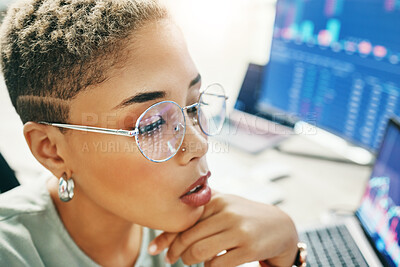 Buy stock photo Woman with glasses, thinking and reflection of screen with info, market growth and stocks in crypto trade. Nft, cyber consultant or broker reading stats on defi data, brainstorming and research ideas