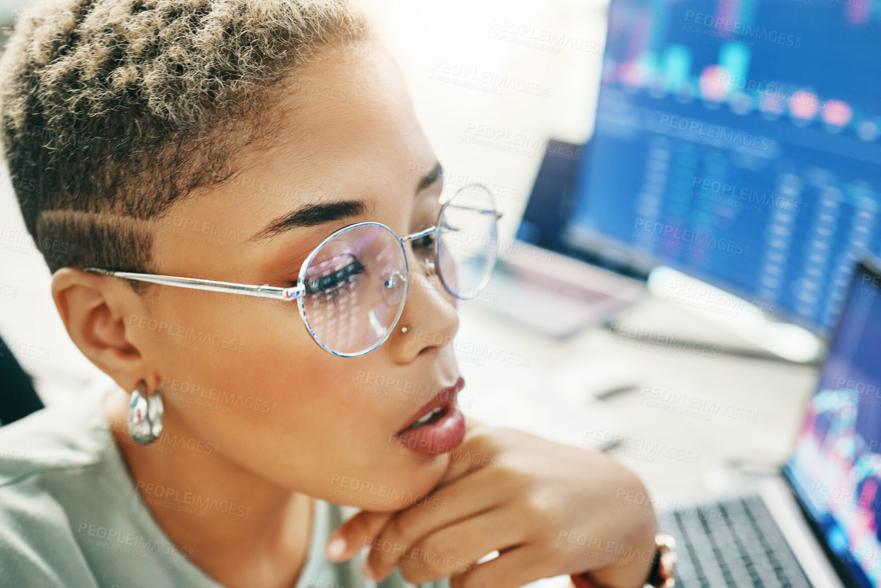 Buy stock photo Woman with glasses, thinking and reflection of screen with info, market growth and stocks in crypto trade. Nft, cyber consultant or broker reading stats on defi data, brainstorming and research ideas
