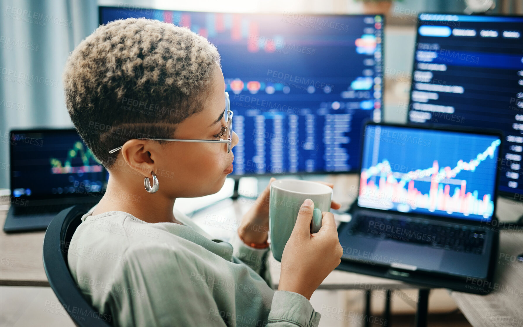 Buy stock photo Trading, woman and coffee with investment, laptop and stock market with research, connection and internet. Person, investor or employee with a pc, economy or code with website information or espresso