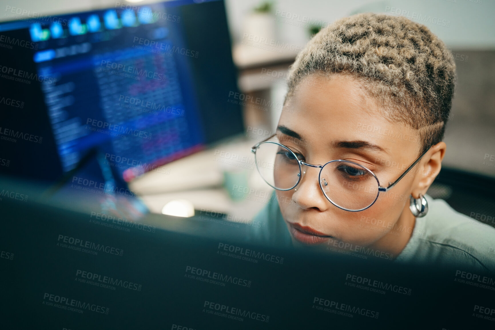 Buy stock photo Woman with glasses, computer and cyber research for crypto trading, online profit or analytics. Cryptocurrency, digital stocks and girl at desk with graphs, charts and software for investment stats.