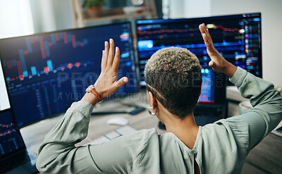 Buy stock photo Computer, trading and professional person stress over fintech company metrics, banking numbers or finance problem. Crypto crisis, graph error or back of broker, investor or trader with online mistake