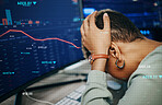 Computer, market crash data and business person sad over stock exchange error, investment numbers or finance debt problem. Crypto crisis, grid overlay graph and broker depressed over trading fail