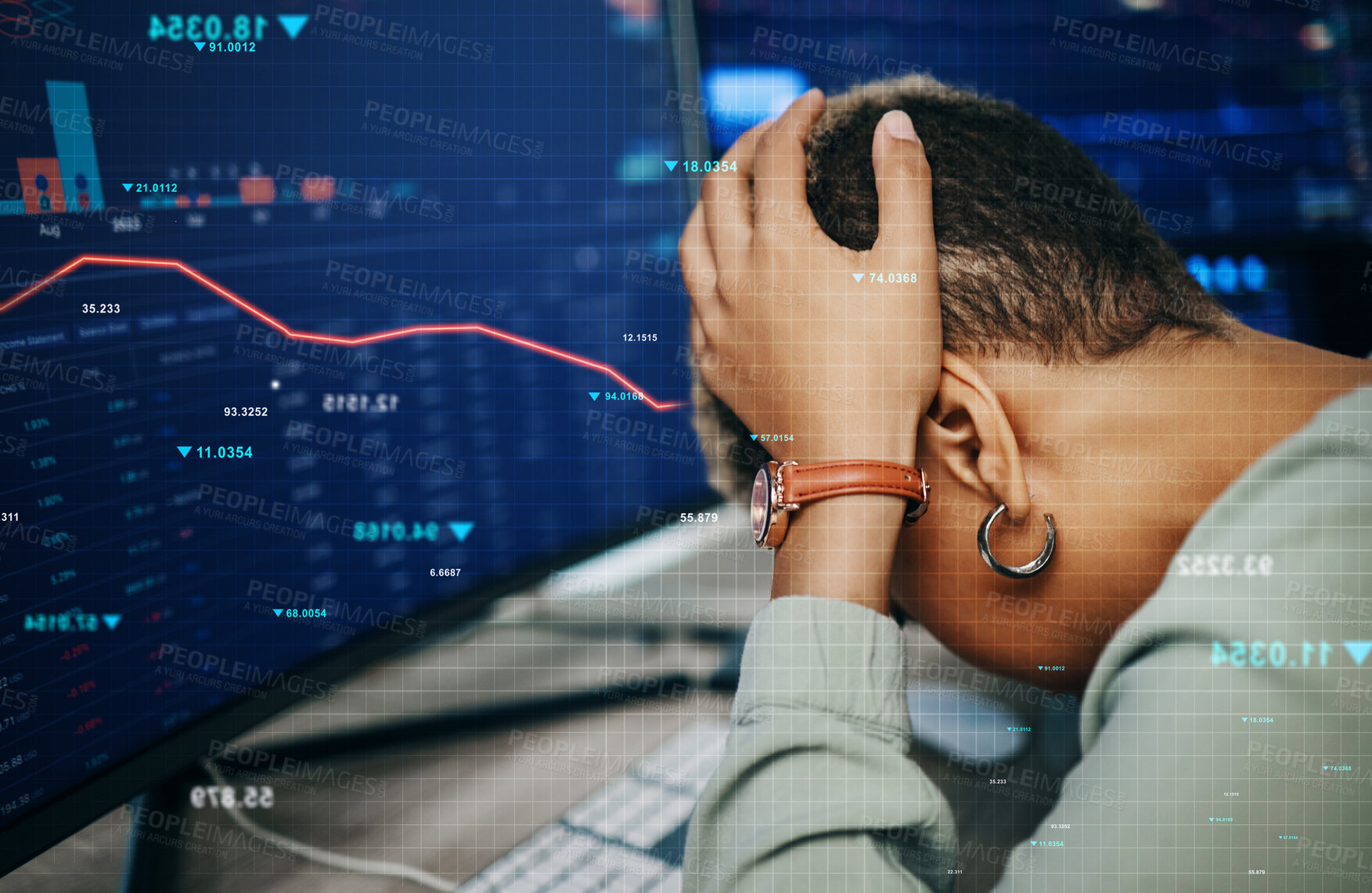 Buy stock photo Computer, market crash data and business person sad over stock exchange error, investment numbers or finance debt problem. Crypto crisis, grid overlay graph and broker depressed over trading fail