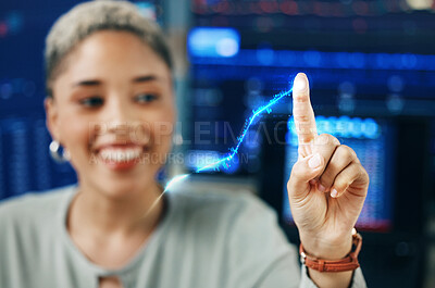 Buy stock photo Woman with smile, finger on increase graph and hologram for financial growth, crypto and profit in office. Virtual data, touch and happy girl in cyber trading with hand on development, info and stock