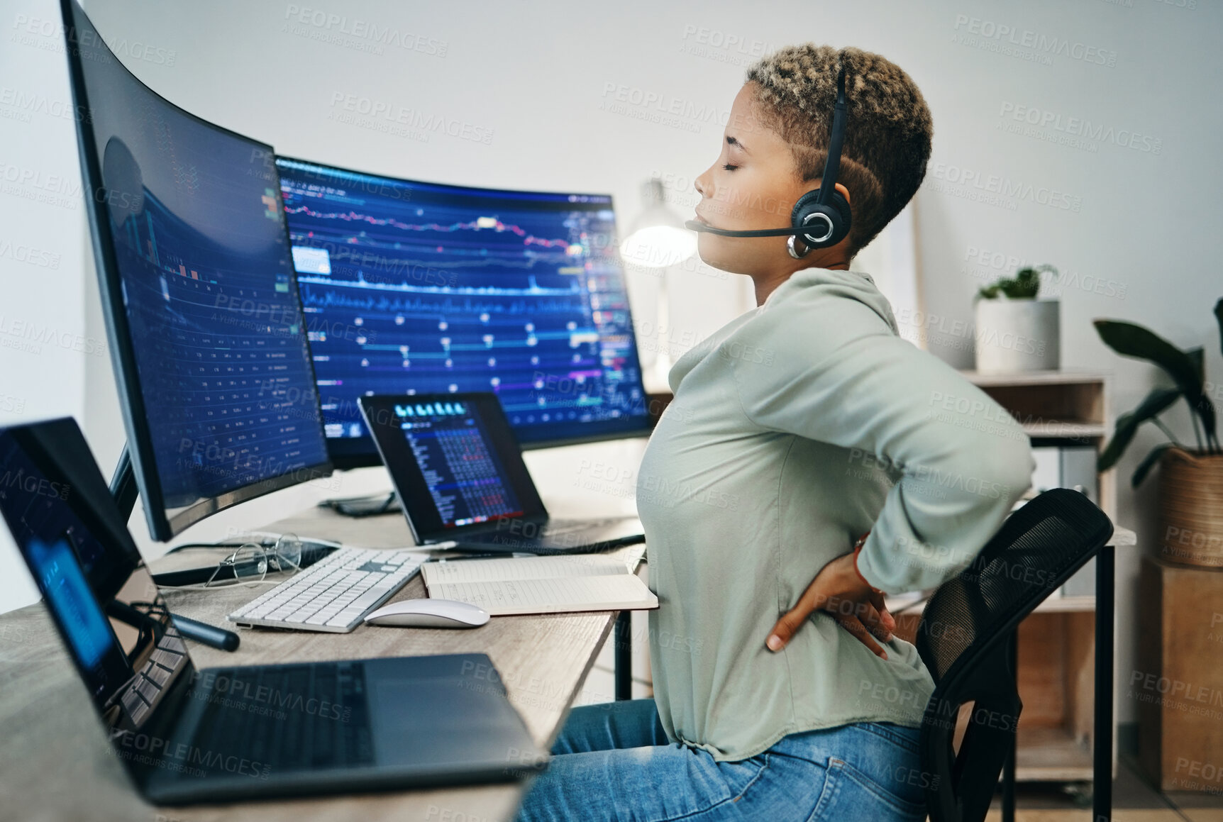 Buy stock photo Back pain, call center and woman working on computer with stress, fatigue and overworked in an office with strain. Burnout, tired and telemarketing employee with pressure from crisis or injury