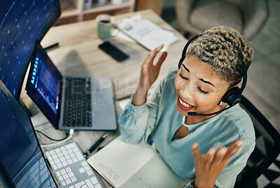 Buy stock photo Woman, online trading and call center, computer and finance with advice, top view and excited or data about investment. Headset, mic and business with laptop, agent at desk with stock market