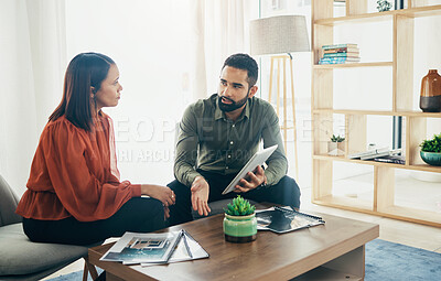 Buy stock photo Business owner, meeting or tablet for planning office, teamwork or collaboration support. Partnership career, paper or project for company growth, development document or discussion for brainstorming