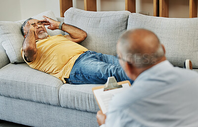 Buy stock photo Old man, psychologist consulting and sofa with anxiety stress or mental health, frustrated or depressed. Elderly person, therapist and support or helping advice, talking or results, problem or sad