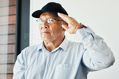 Buy stock photo Old man, salute and portrait for soldier recognition on white background for gratitude, pride or respect. Elderly male, army hero and military or hand gesture for patriotic courage, war or service