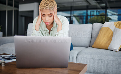 Buy stock photo Businesswoman, stressed and laptop with work while remote with financial planning, savings or budget. African, person and frustrated with documents for debt management, retirement or funds for future