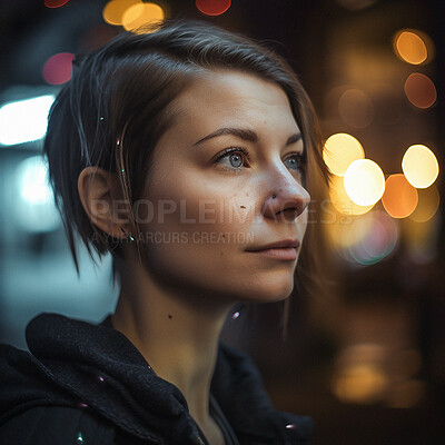 Buy stock photo Thinking, bokeh and face of woman in city lights on winter night for memory, idea or reflection. Urban, insight and relax in thought, profile of ai generated girl on travel adventure in London street