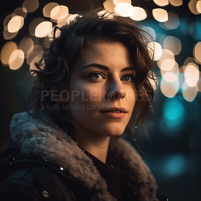 Buy stock photo Thinking, bokeh and face of urban woman on winter evening walk for memory, idea or reflection. Urban boho, insight and relax in thought, ai generated girl on outdoor adventure to remember or travel