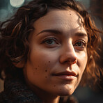 Natural, real person portrait and closeup of a woman, girl or female outside in nature or a forest. Artistic, edgy and cute or pretty face - AI generated