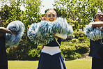 Cheerleader, dancing and field in university in sport, fitness and energy at competition in team. Woman, men and diversity in balance for training, pom poms and college performance for football match