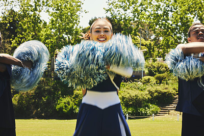 Buy stock photo Cheerleader, dancing and field in teamwork in sport, fitness and energy at competition in team. Woman, men and diversity in balance for training, pom poms and college performance with collaboration