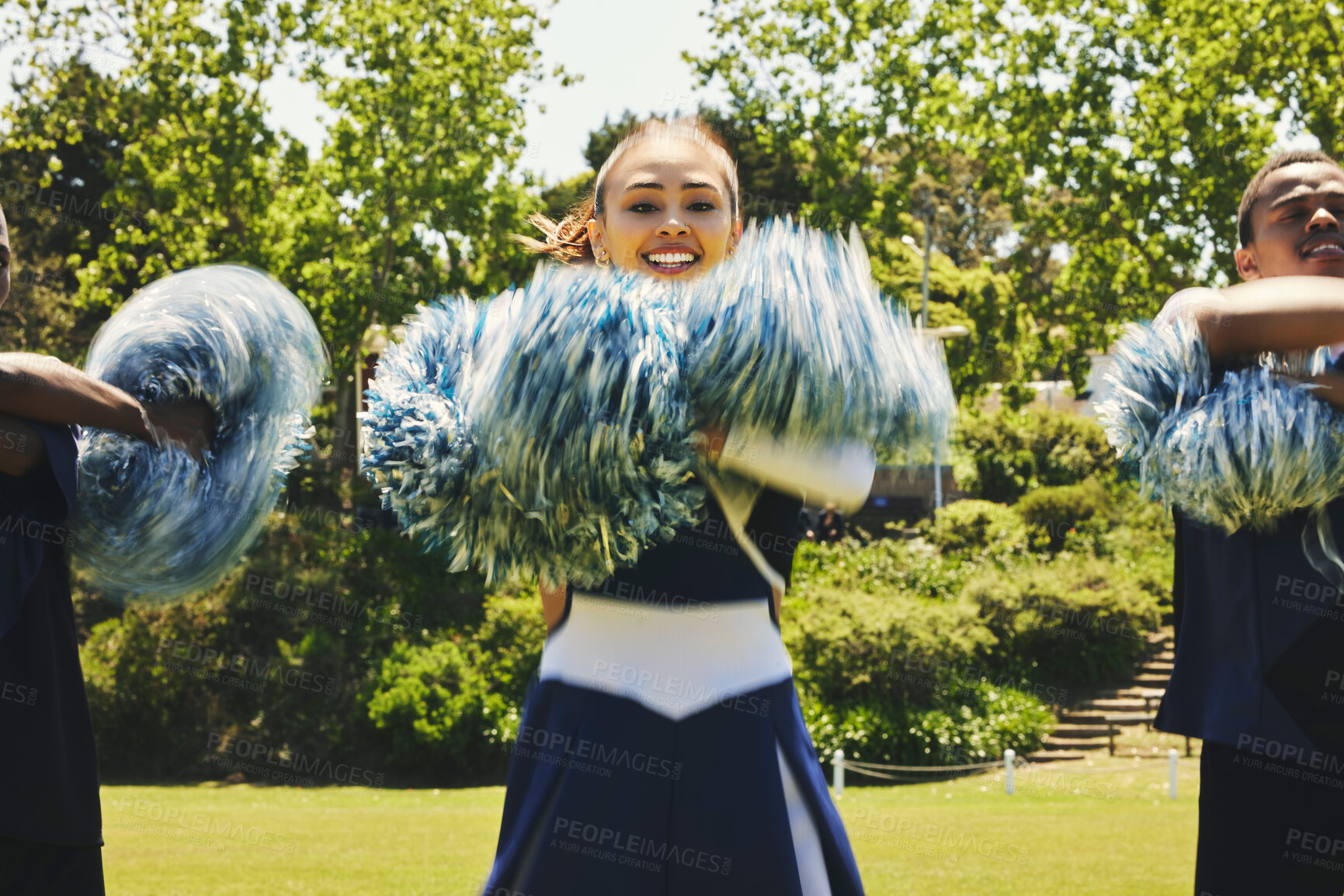 Buy stock photo Cheerleader, dancing and field in teamwork in sport, fitness and energy at competition in team. Woman, men and diversity in balance for training, pom poms and college performance with collaboration