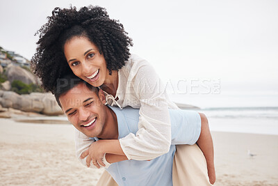 Buy stock photo Love, piggyback and couple at the beach happy, bonding and having fun in nature together. Freedom, travel and face of excited woman with man at the ocean with carrying, games or celebration in Bali