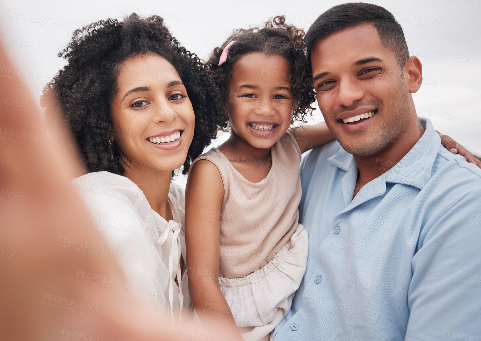 Buy stock photo Selfie, portrait and a family at the beach for memory, bonding or fun on a vacation. Happy, travel and a mother, father and girl kid taking a photo at the ocean for summer freedom, love and care