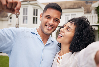 Buy stock photo House keys, selfie and happy couple smile for dream home, real estate or mortgage success in a garden. Investment, property and face of people excited for moving, relocation or apartment purchase