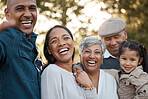 Parents, child and grandparents with selfie in park for memory, smile and bonding for post on web blog. Men, women and girl kid with profile picture, portrait and photography in summer sunshine