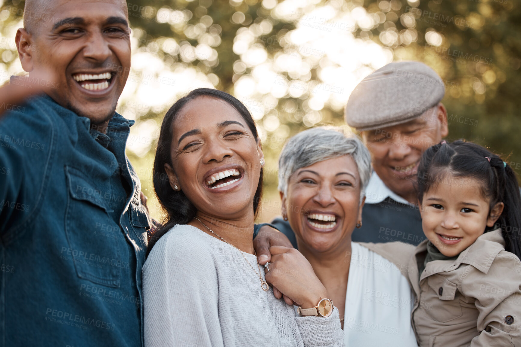 Buy stock photo Parents, child and grandparents with selfie in park for memory, smile and bonding for post on web blog. Men, women and girl kid with profile picture, portrait and photography in summer sunshine