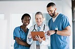 Doctors, healthcare and teamwork on tablet for online results, mentor advice and research support in clinic. Medical nurse, students or people on digital tech, hospital software or team collaboration